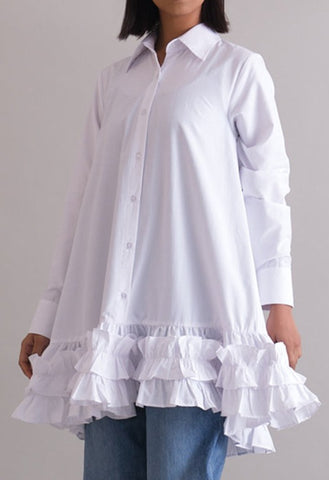 WHITE RUFFLED HEM SHIRT/DRESS